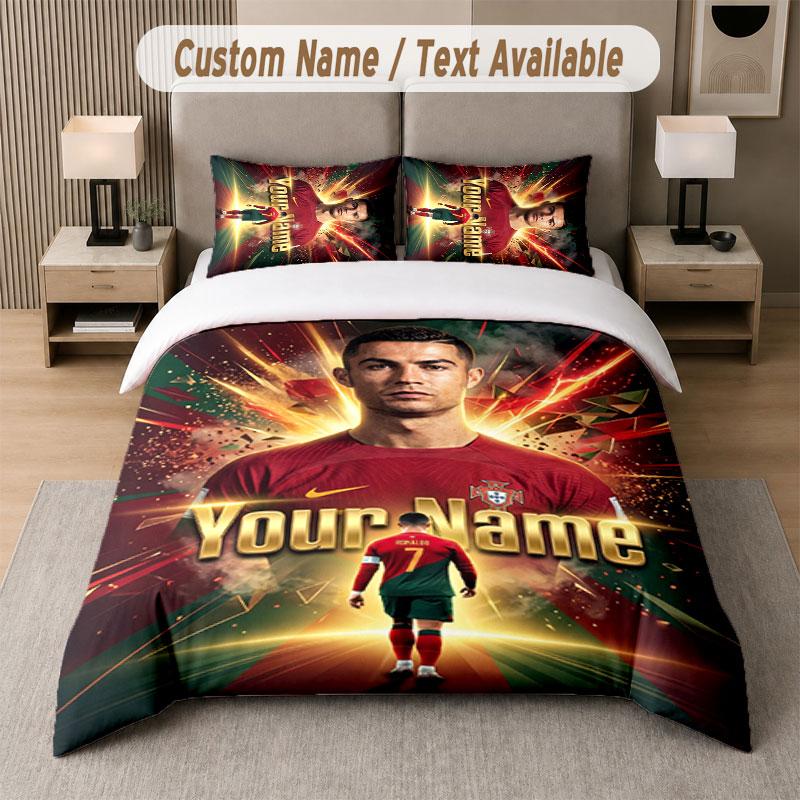 Set Biancheria da Letto Personalizzato Modello Cristiano Ronaldo, Stampa Nome Testo 1 Copripiumino più 2 Federe Tessile per la Casa