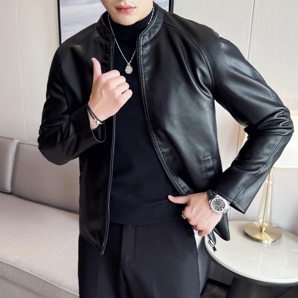 Traje de Locomotora Negro Chaqueta de Cuero Ropa de Otoño para Hombre Nueva Chaqueta de Cuero para Hombre Moderna Slim Abrigo Moderno