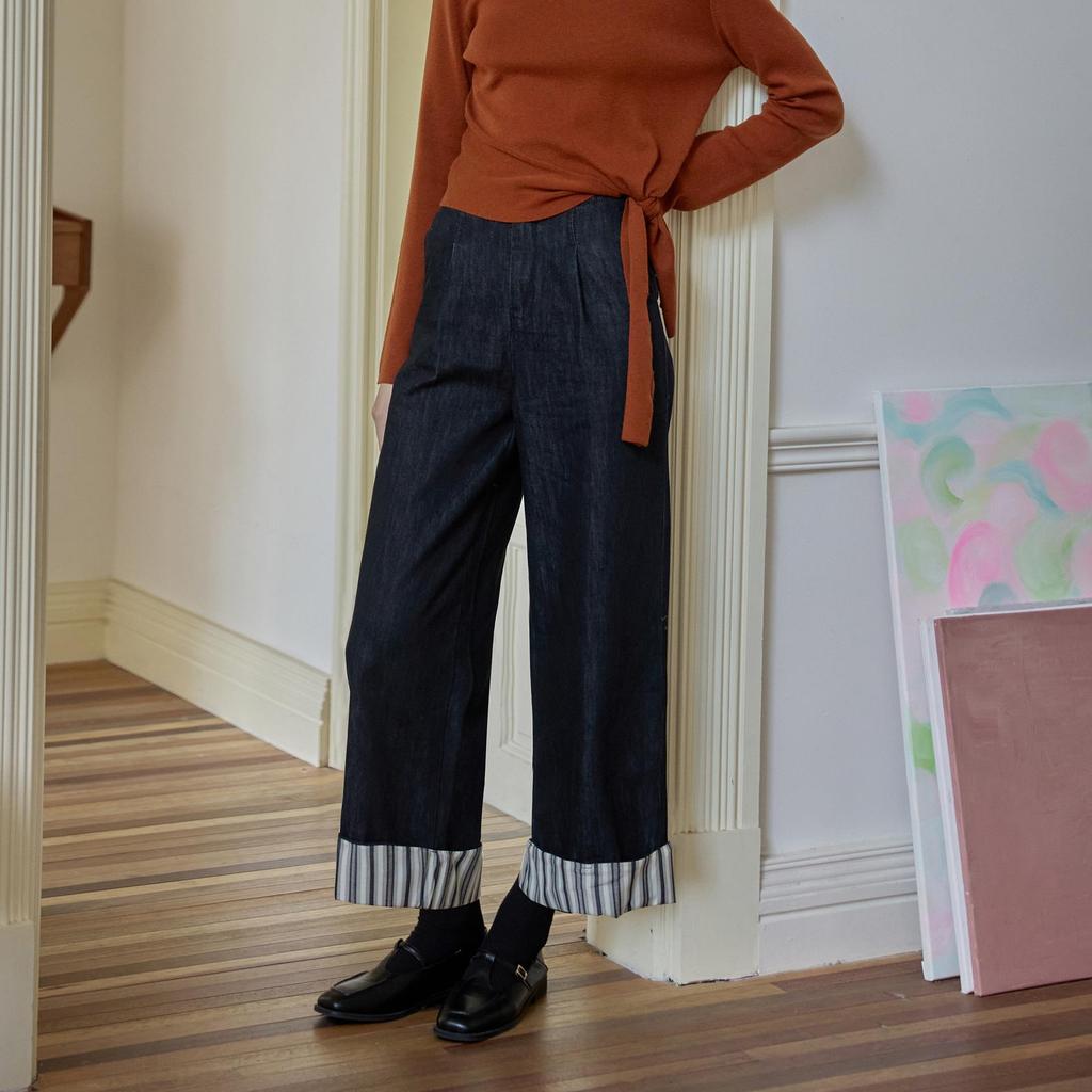 Women's Striped Patchwork Retro Wide-Leg Jeans: Slimming, Elastic Waist, Straight-Leg Pants for Spring