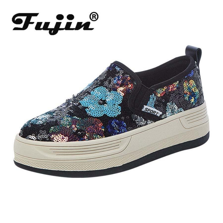 Fujin 4cm Synthetic Platform Wedge Summer Autumn Fashion Mesh Chunky Sneaker Flats Bling Leather Comfy High Brand Casual Shoes