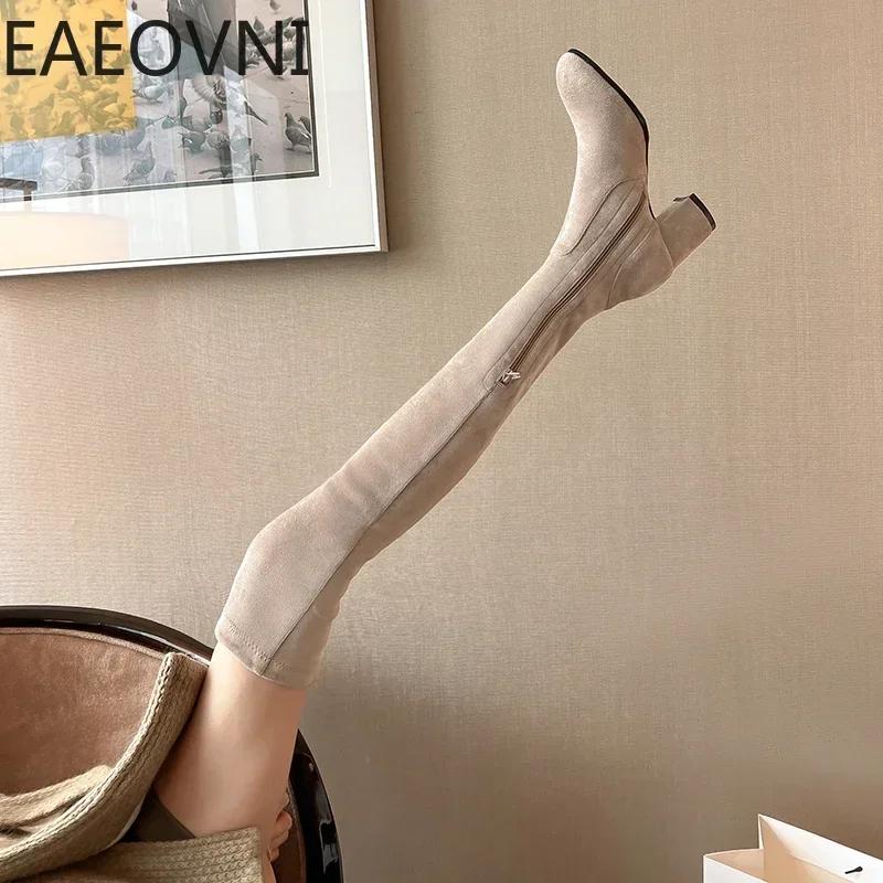 Fashion Stretch Cloth Long Boots Women Fashion Slip On Square Heel Over the Knee High Boots Winter Shoes Ladies Elegant Mordern Booties