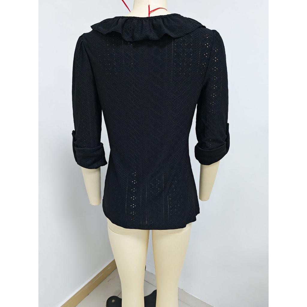New Women's Long Sleeve V-neck Ruffle Solid Color Elegant Slim Fit Casual Versatile Top for European American Women