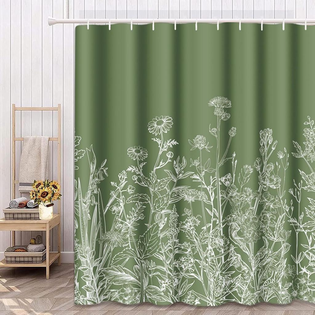 Black Floral Shower Curtain White Herbal And Wildflower Plant Vintage Waterproof Polyester Fabric Shower Curtain With Hooks