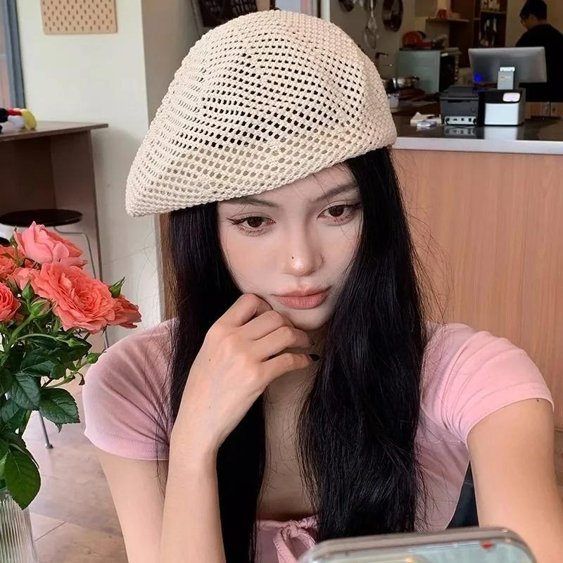 2026 Y2K Vintage Hollow Out Beret Hats Solid Color Breathable Spring Summer Caps Korean Ins Fashion British Painters Buckle Hats