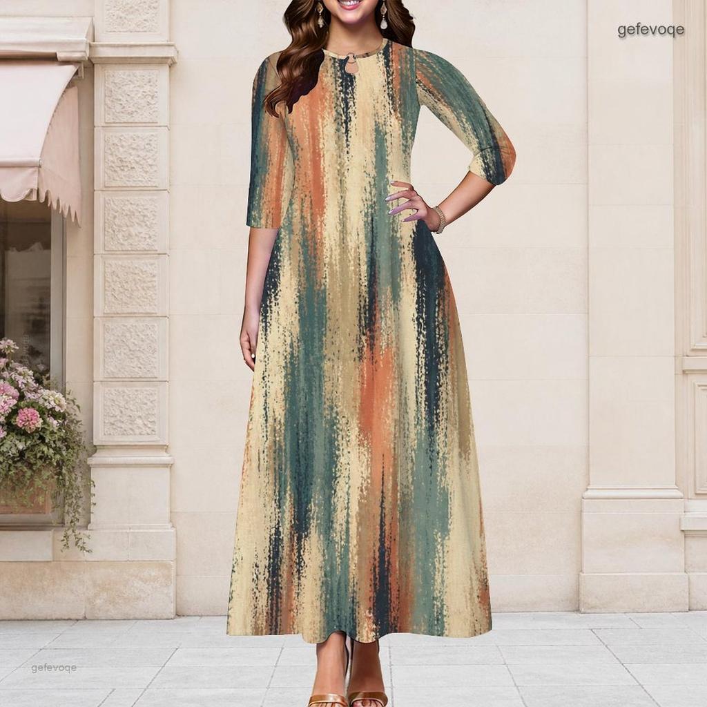 Women Plus Size Round Neck Keyhole 3 4 Sleeve Abstract Floral Gradient Print Maxi Dress
