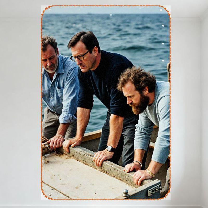 

Vintage Men on Boat by Ocean Concrete Structure Metal Tin Sign Art Decor for Home Bar Man Cave Office Wall Plaque, Retro Collabo 20x30cm（7.8x11.8inch）