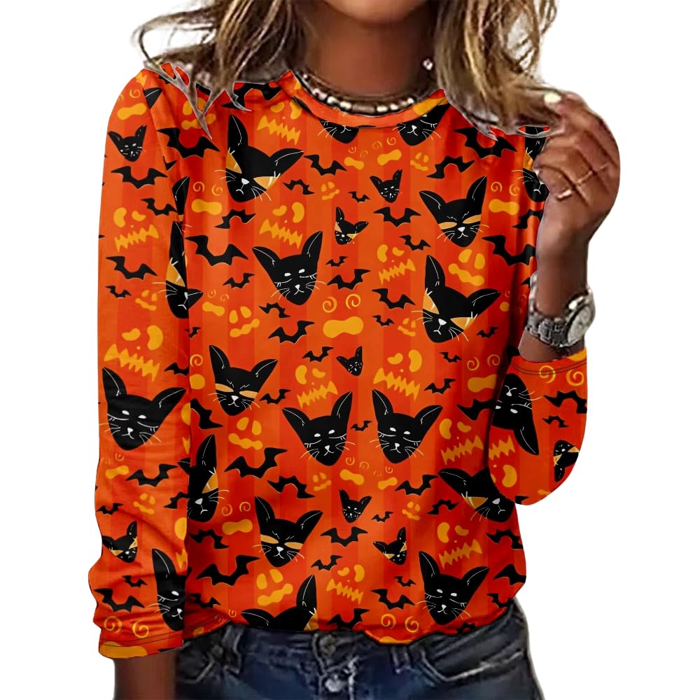 Women's Halloween 3D Printed Pumpkin Face Bat Long Sleeve Shirt Autumn Loose Casual Polyester Round Neck Fashion Casual Top