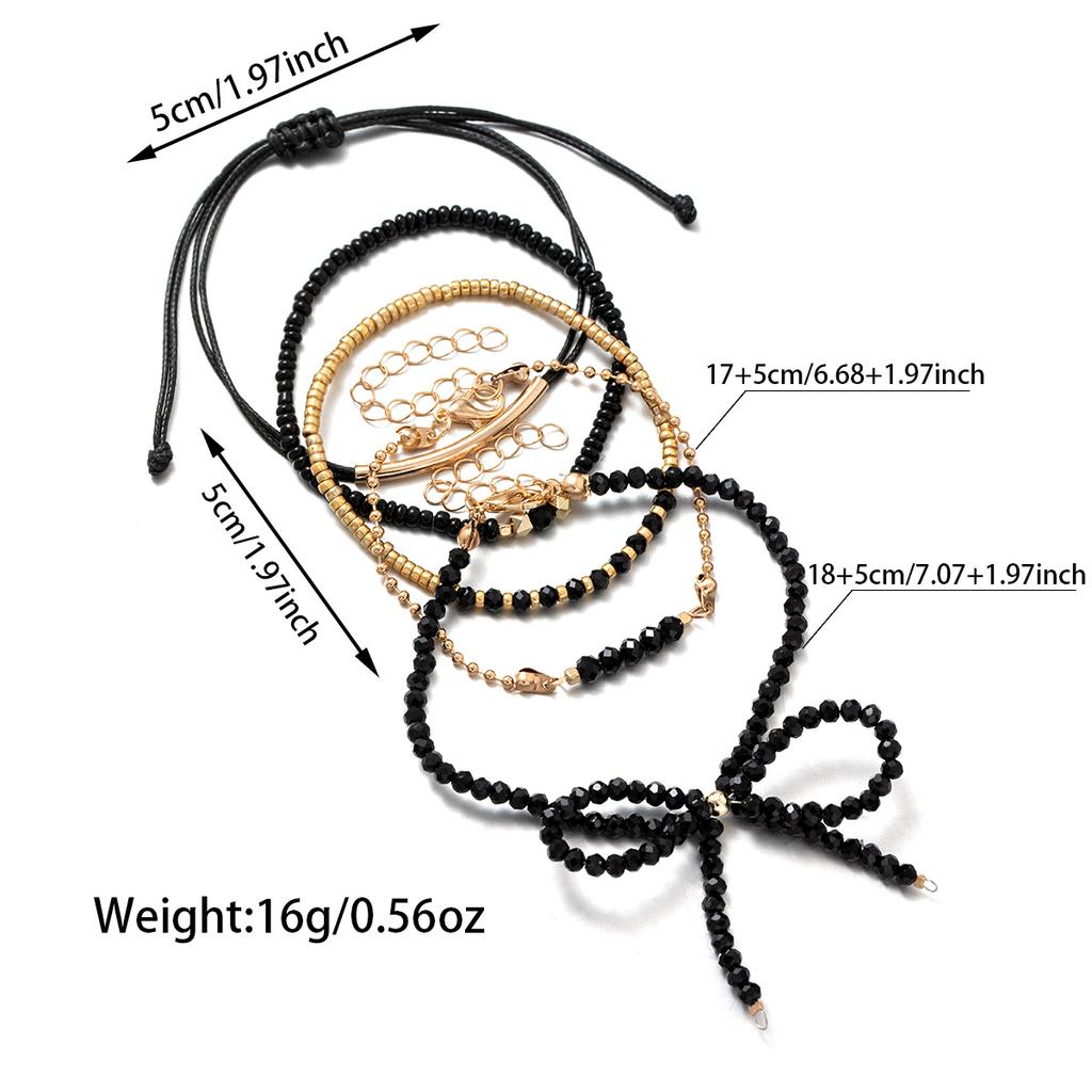 5 fashionable and simple black glass bead bow bracelet with adjustable braided bead bracelet set