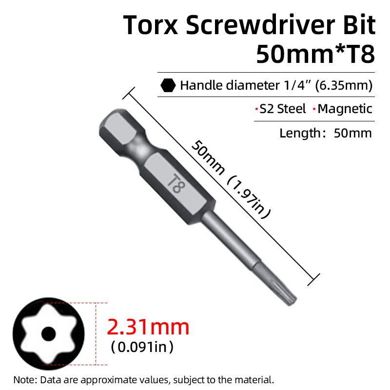 Torx Screwdriver Bit 50mm Magnetic S2 Steel 1/4'' Hex Shank Hollow Hole Security Bits T5-T40 Electric Drill Driver Hand Tools