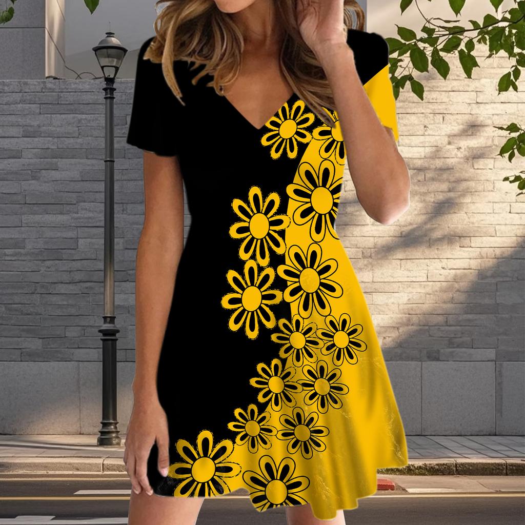 Summer Fashion Women's V Neck Short Sleeve Flower Printed  Dress Sex Short Skirt Dresses