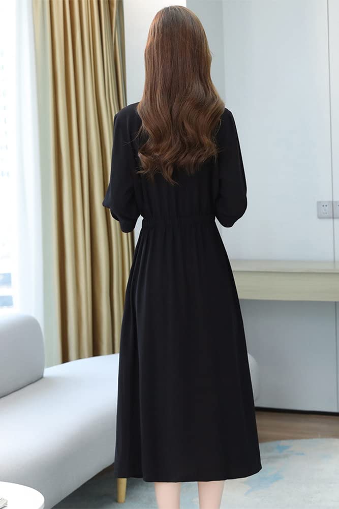 Chubikime Loose Casual Women's Dress, Spring/Summer, 3/4 Sleeve, V-Neck, Long, Midi, A-Line, Black, Slimming, Fit, Formal, Commuting,