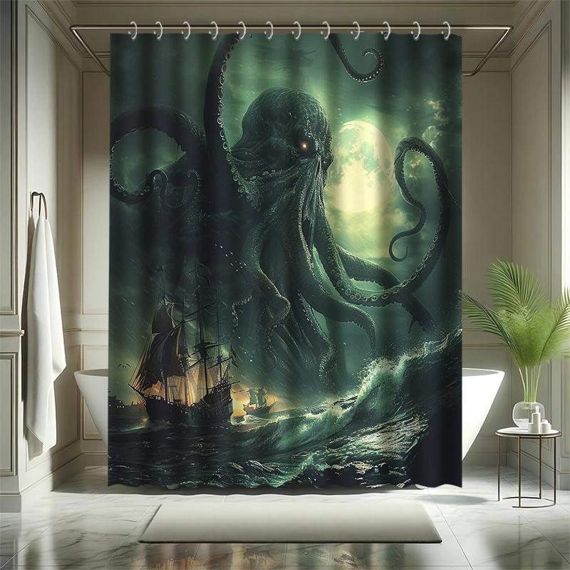 Cthulhu Duschvorhang-Set - Tiefsee-Horror, Ozean-Legenden Serie, Inklusive 12 Haken, Polyestergewebe, Moderne Badezimmerdekoration