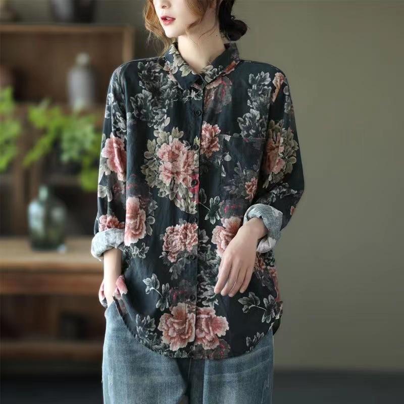 Autumn clothes wear retro printed cotton and linen shirt women's loose long-sleeved shirt cardigan top