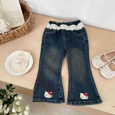 Girls' Cartoon Cat Embroidered Flared Denim Jeans with Lace Waist - Super Sweet Autumn Pants