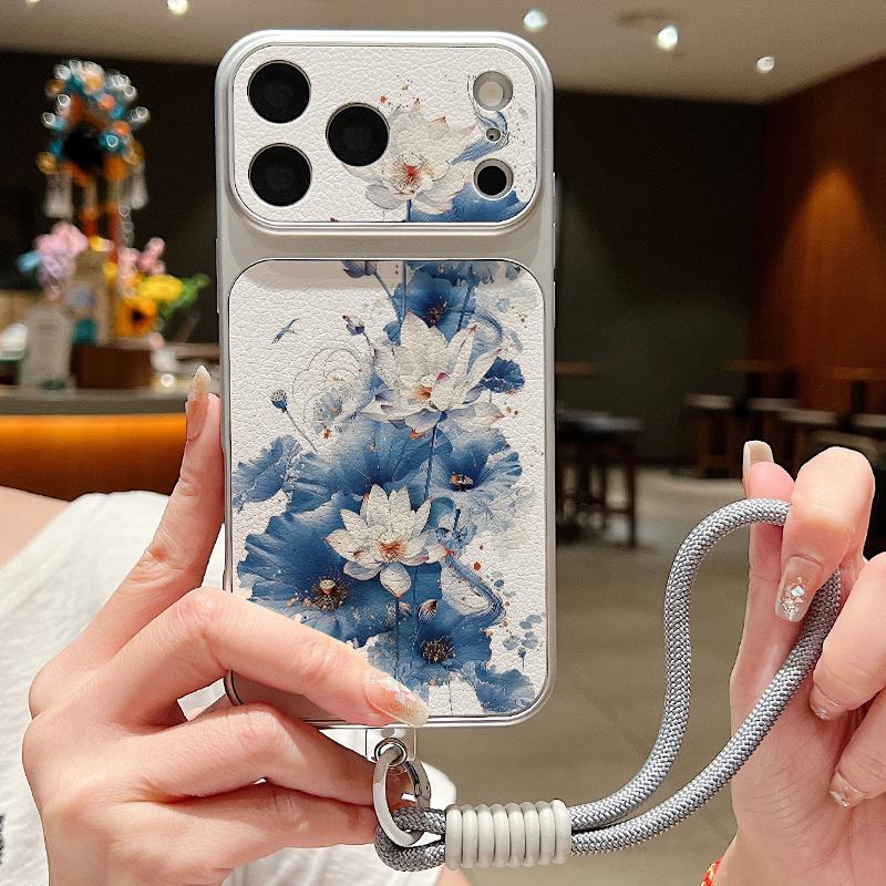 Colorful Flowers Print Leather Lanyard Case For iPhone 18 Pro Max Hybrid TPU+PU Anti-skid Soft Cover For iPhone 17 16 15 14 13 Pro Max