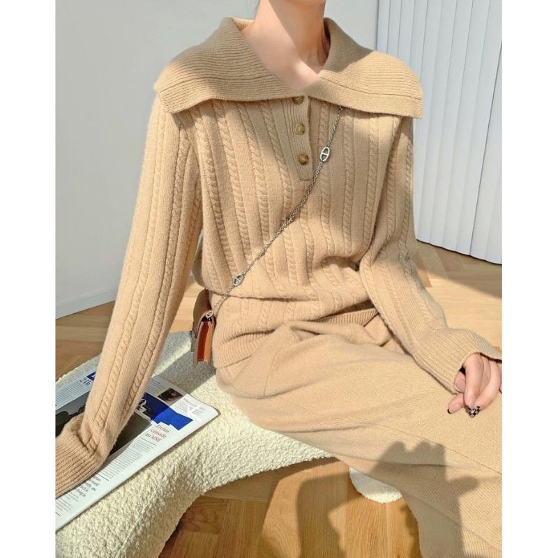 Lapel twist sweater women's two-piece set autumn and winter lazy casual new wide-leg pants knitted sweater set