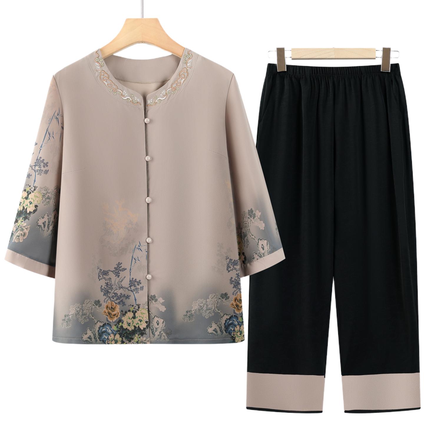 

New Chinese Style Summer Set: Short-sleeved Shirt & Two-piece Outfit for Middle-aged & Elderly Women XL (suggested 80-100 jin)