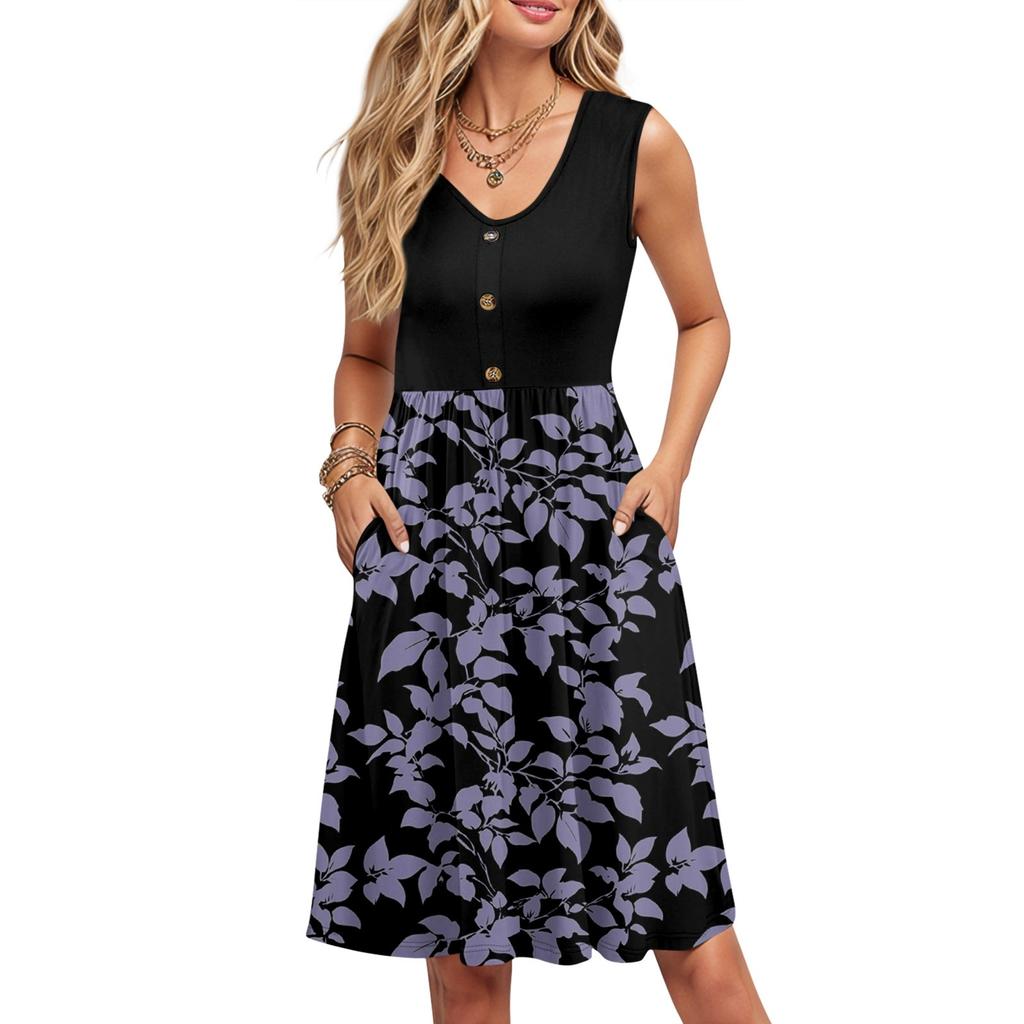 Women Summer Printing Dresses Sleeveless Casual Loose Swing Button Down Midi Sundress With Pockets