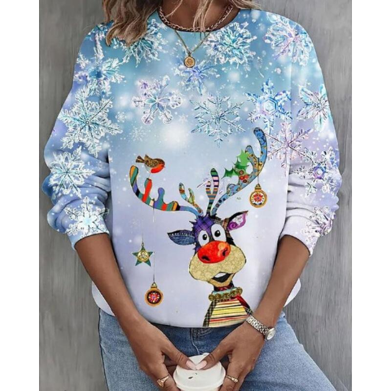Autumn and Winter New Fashion Valentine's Day Christmas Tree Snowman Christmas Printed Plus Size Women's T-shirt