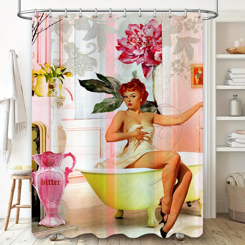 Vintage Bathing Suit Lady Shower Curtain Decorative Art Home Bathroom Decoration Pink Peony Floral Print, Classic Retro Style, B