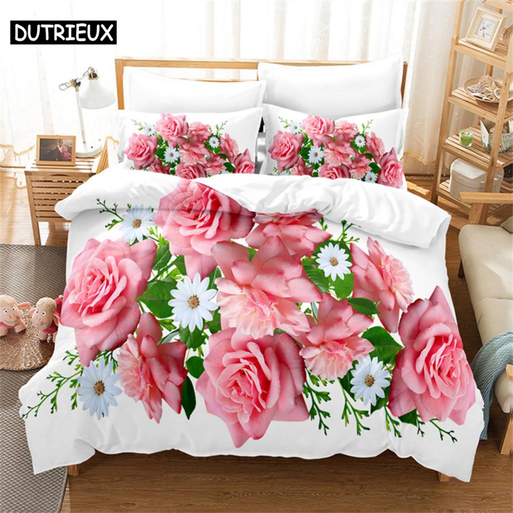Pink Rose Queen Bedding Set Boys Girls Duvet Cover Bedroom Bed Set Comforter Cover Set King Size Duvet Cover Set Bedding Sets