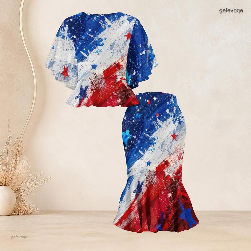 Women Plus Size Round Neck Batwing Sleeve Printed Red Blue White Ruffle Top Fishtail Skirt Two Piece Set