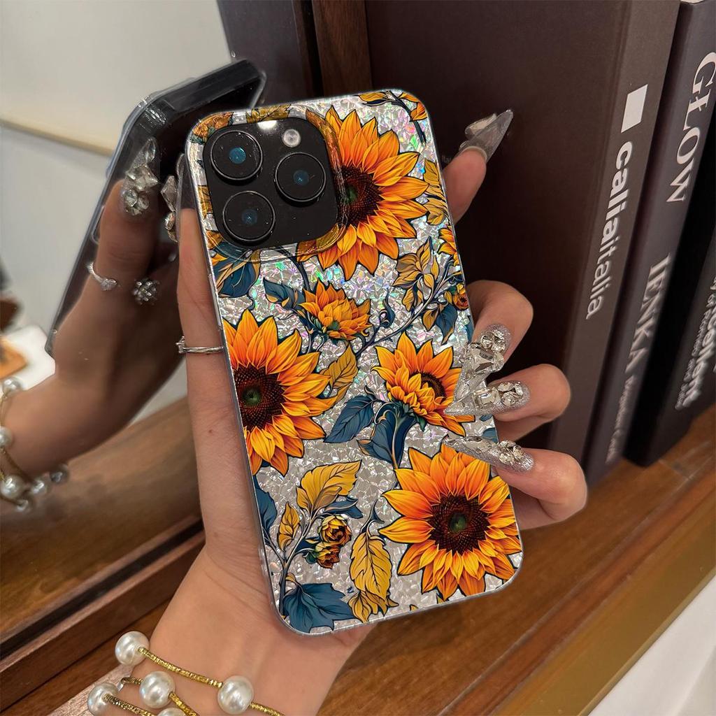 Case for iphone 16 Plus XR XS Max 18 Pro Max 17 Pro 11 13 Air 15 12 14 Silver Glitter Crackle Background Full Screen Sunflowers