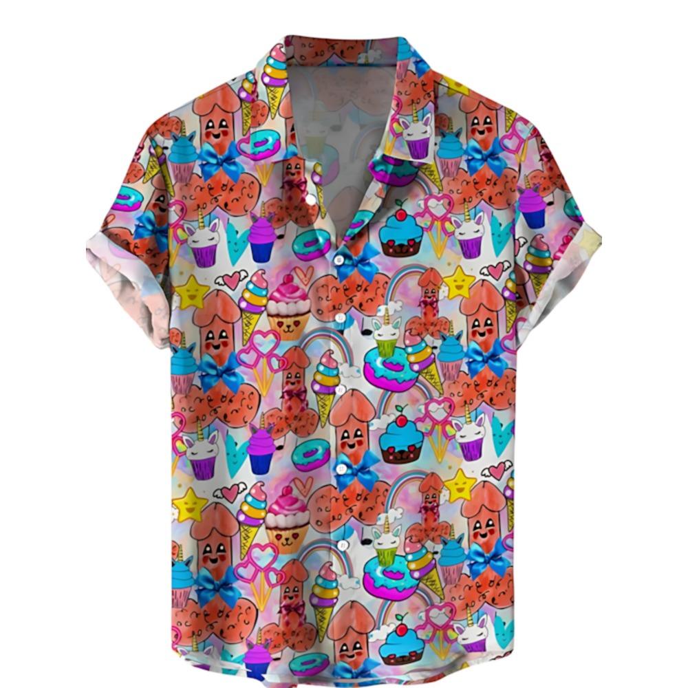 Cute Graffiti-style 3D Printed Casual Short-sleeved Men's Shirt, Summer Button-up Top