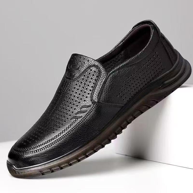 Cow Tendon Sole Men's Leather Shoes Summer Hollow Breathable Soft Sole One Pedal Driving Casual Shoes Soft Surface Soft Sole Business Shoes