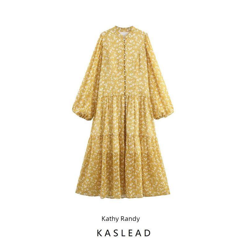 Kaslead New Women clothes Western Style Single Breasted Chiffon Small Floral Stand Collar Long sleeve dress