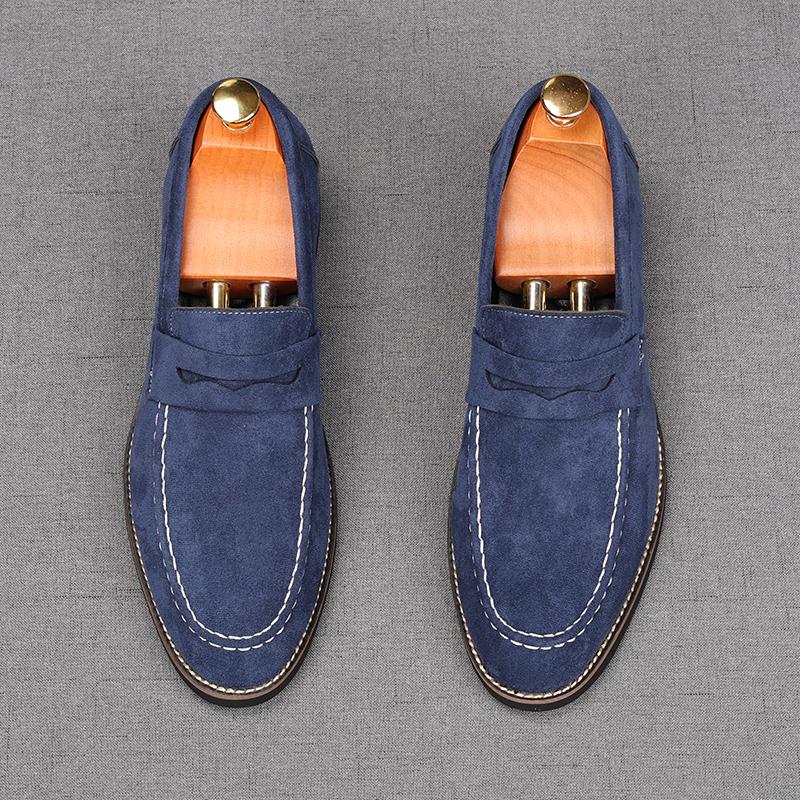 New Men's Pointed Slip On Suede Leather Business Flats Shoes Male Designer Penny Loafers Homecoming Wedding Dress Footwear