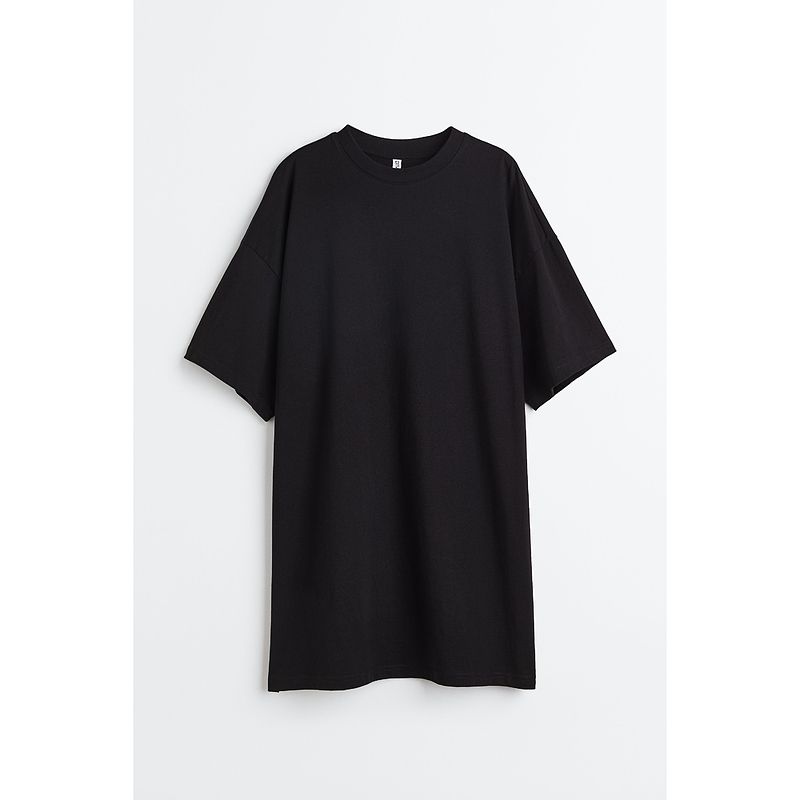 

HM Женская одежда платье 2025 Лето Новинка Большой размер Свободный Мягкий Хлопок Короткий рукав Тип футболки Короткое платье 1128506 Black 160/88(S)