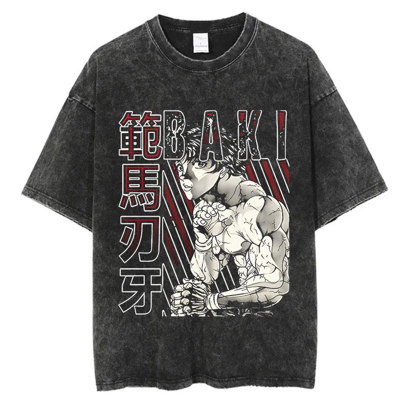 Anime Baki Washed Tshirt Harajuku Summer Cotton Short Sleeve Oversize Tees Vintage Streetwear Baki Hanma Print T-Shirt