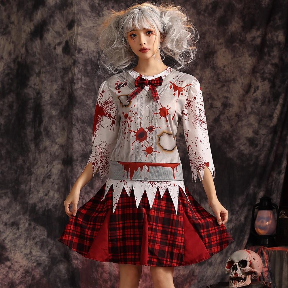 Creepy Halloween Zombie Costume Red Plaid Bloody Dress NPC Zombie Cosplay Costume Halloween