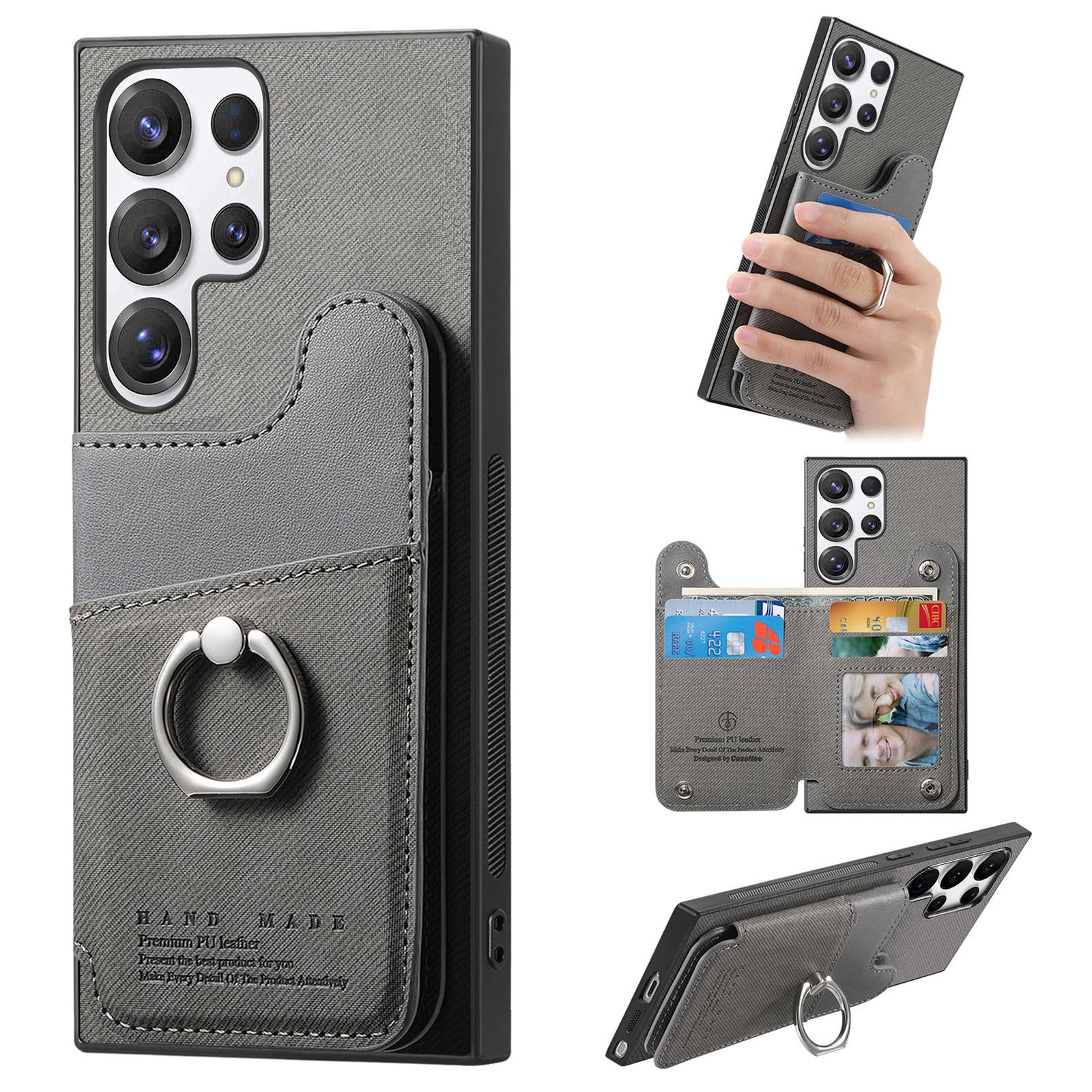 

For Samsung Galaxy S24 Ultra Case with Card Holder Kickstand Leather+TPU+PC Phone Cover Grey