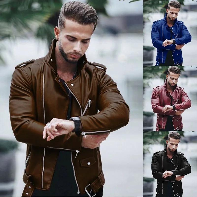 Nuovo Cappotto in Pelle PU da Uomo Autunno e Inverno Taglia Grande Collo Stretto Moda Slim Zip Giacca in Pelle