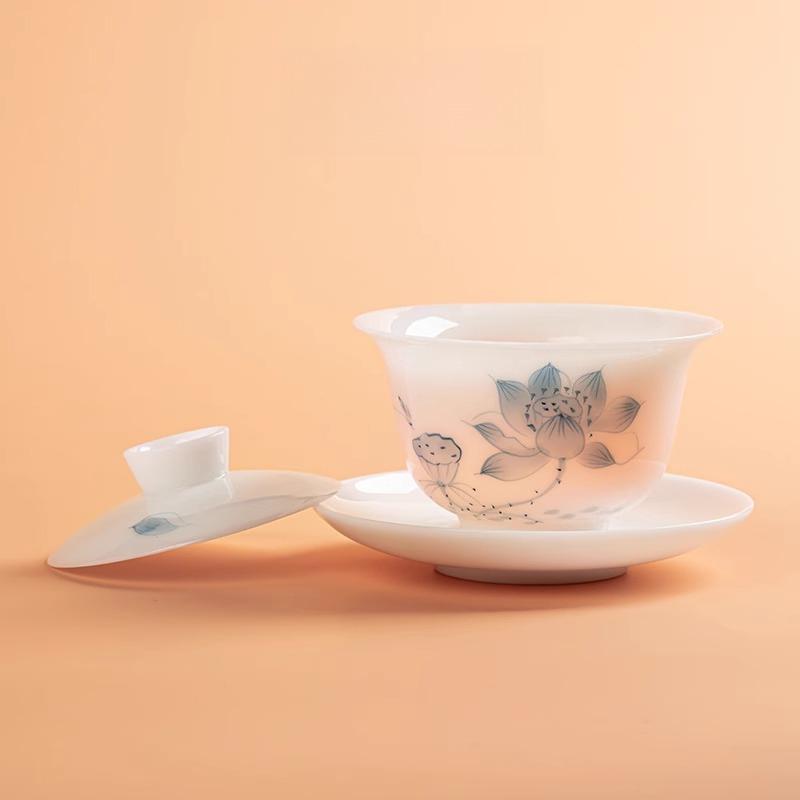 Porcelain Tea Set Chinese Tea Cup Hand Painted Lotus Gaiwan Luxury Gongfu Tea Ware Jade Ceramic Gift for Home Office Decor
