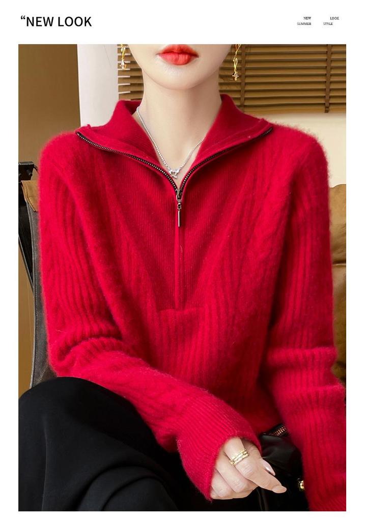 Women's High-Neck 100% Wool Cable Knit Sweater - Thickened Long Sleeve Zipper Pullover for Autumn & Winter