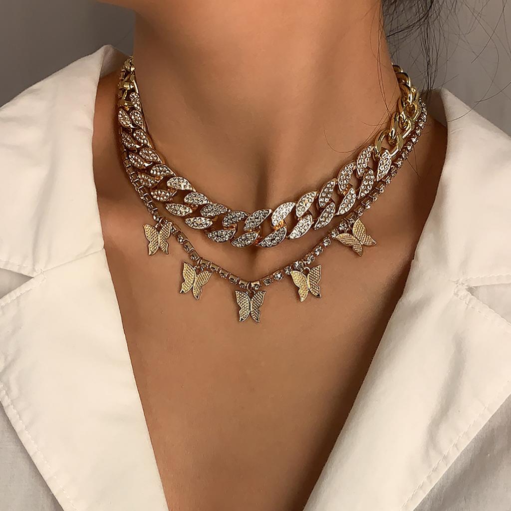 Jewelry, personalized handmade micro-inlaid exaggerated thick chain necklace, vintage Cuban chain butterfly fringed necklace