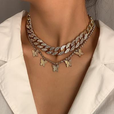 Jewelry, Personalized Handmade Micro-inlaid Exaggerated Thick Chain Necklace, Vintage Cuban Chain Butterfly Fringed Necklace