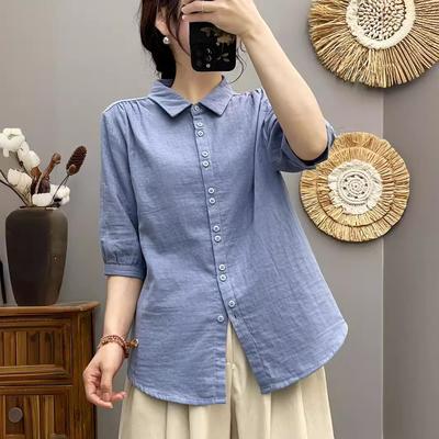 Koreanische Version des einfachen Kurzarmhemds mit Kragen für Damen mit mittleren Ärmeln und doppellagigem Baumwollgarn, weiche Freizeitkleidung