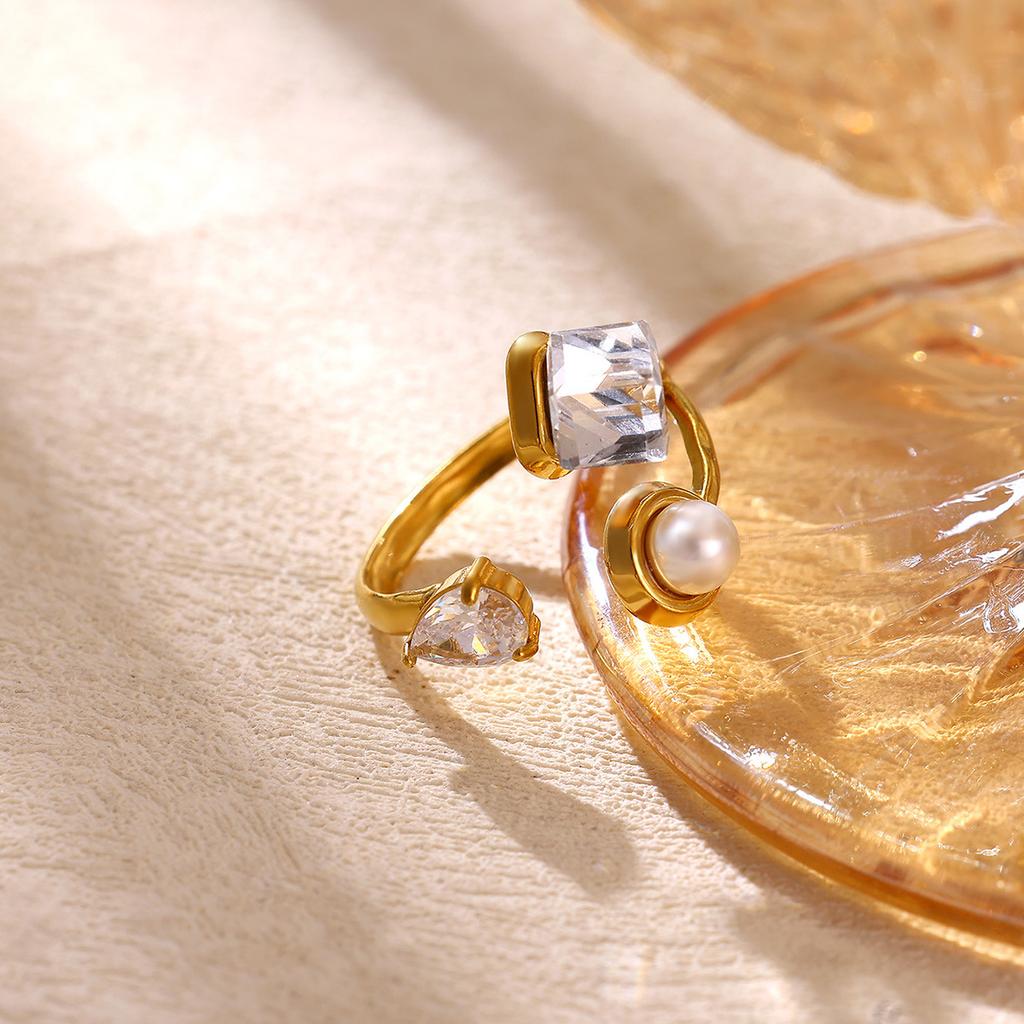 Exquisite Irregular Imitation Pearl Rings for Women Vintage Stainless Steel Zircon Open Rings Wedding Party Jewelry Gifts