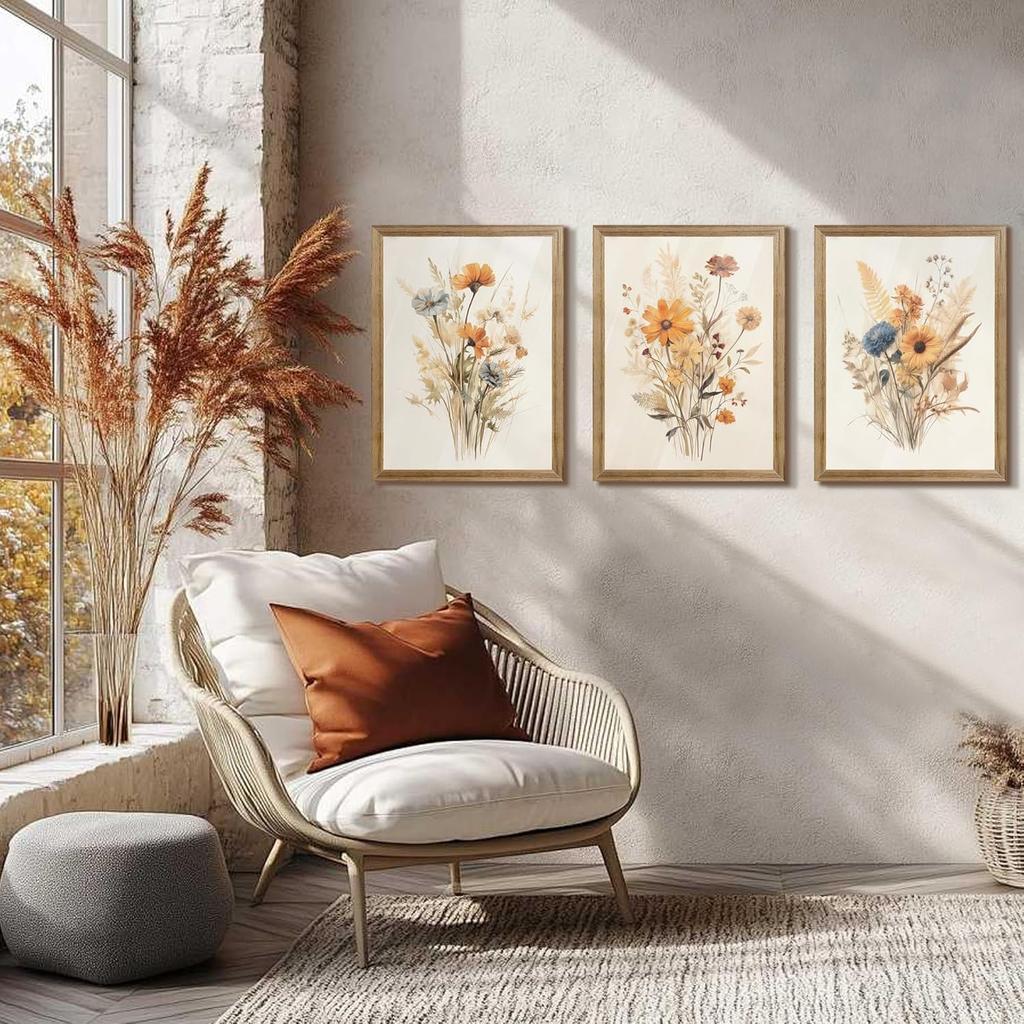 Framed Vintage Wildflower Canvas Wall Art Floral Set of 3 Country Farmhouse Watercolor Flowers Prints Rustic Wood Frame Botanical Artwork Poster for