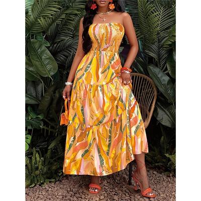 Women's Sexy Dress Strapless Elastic Waist Printed Long Dress