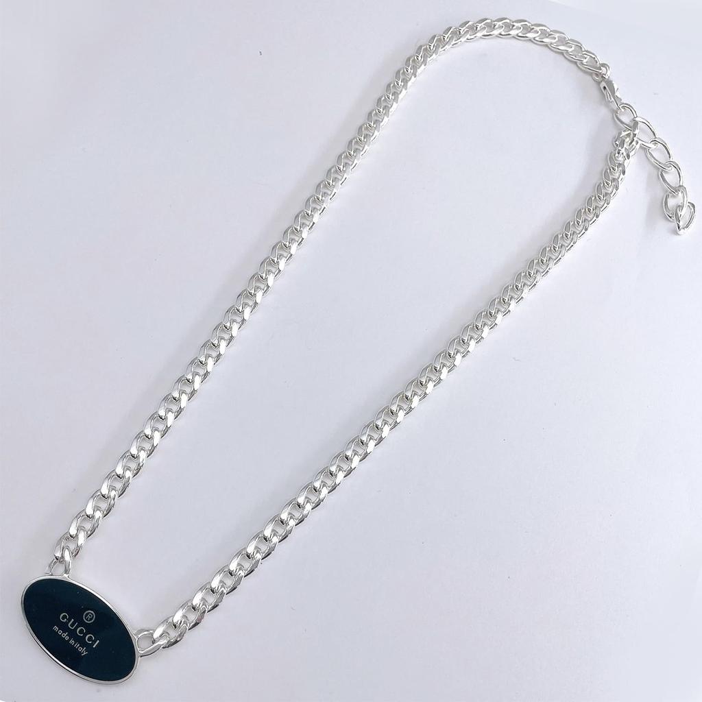 Gucci Trademark Oval Tag Necklace Pendant In Black and 797049 J8410 8163 Silver, [Used]