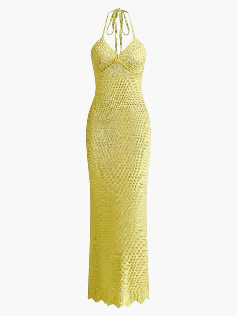 Damen Sexy Strick Cut-Out Kleid, V-Ausschnitt, Spaghettiträger, Bodycon, Urlaub, Y2k, Strick-Halter, Maxi, Sommer, K32