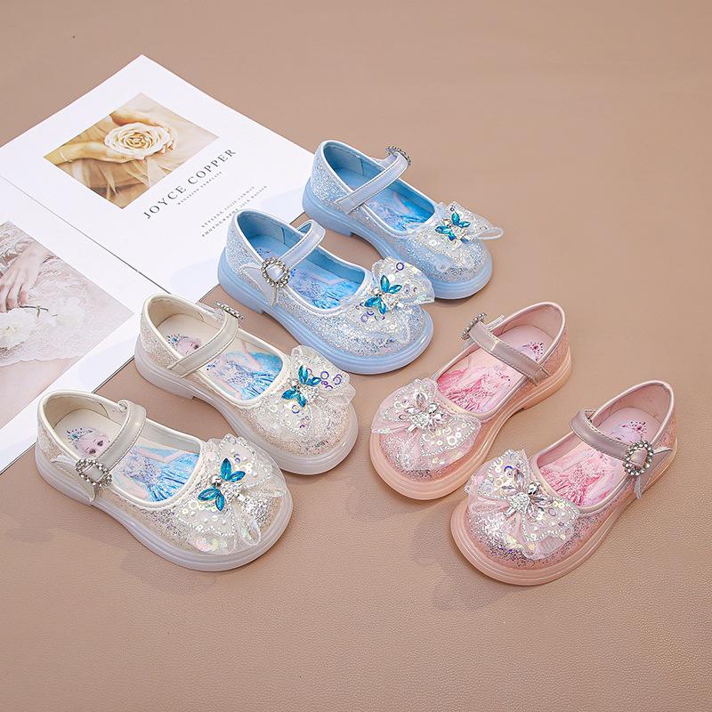 2026 New Fashion Girls' Princess Rhinestone Leather Shoes with Soft Soles and Luminous Crystals for Spring and Autumn.