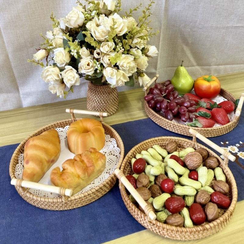 Kreativer japanischer Dessertteller aus natürlichem Rattan, runder Obstteller aus Holz, Campingzubehör für draußen, Küchenzubehör für Zuhause