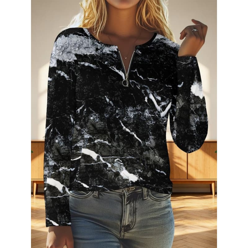 T-shirt da donna con stampa creativa, zip e maniche lunghe, traspirante, morbida e confortevole, adatta per l'abbigliamento casual tutto l'anno