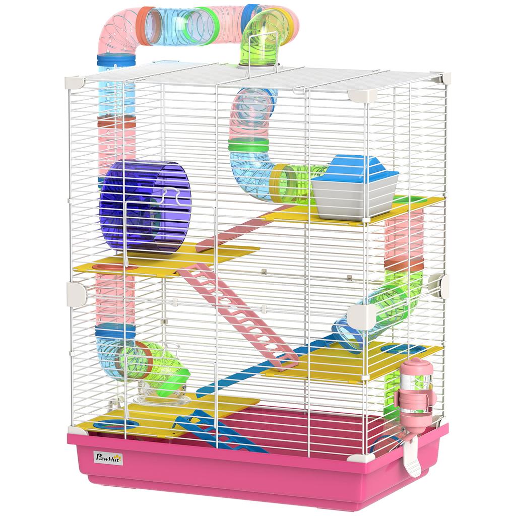 Hamster Cage, 5-Tier Rodent Cage, Tunnels, Feeder, Wheel, House, Ladders, 46 x 30 x 58 cm, Pink